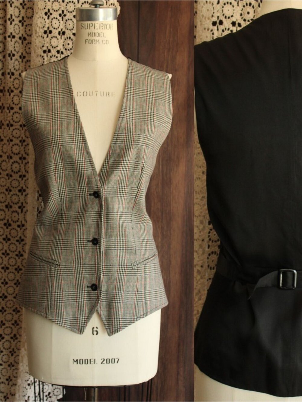 Vintage 1980s Women's Vest, Rafaella Black White and Red Plaid Wool, Size Medium